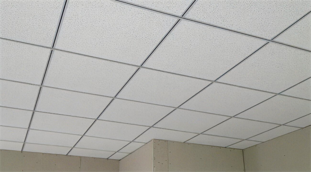 Mineral fiber acoustic ceiling boards installed with a painted exposed T grid system
