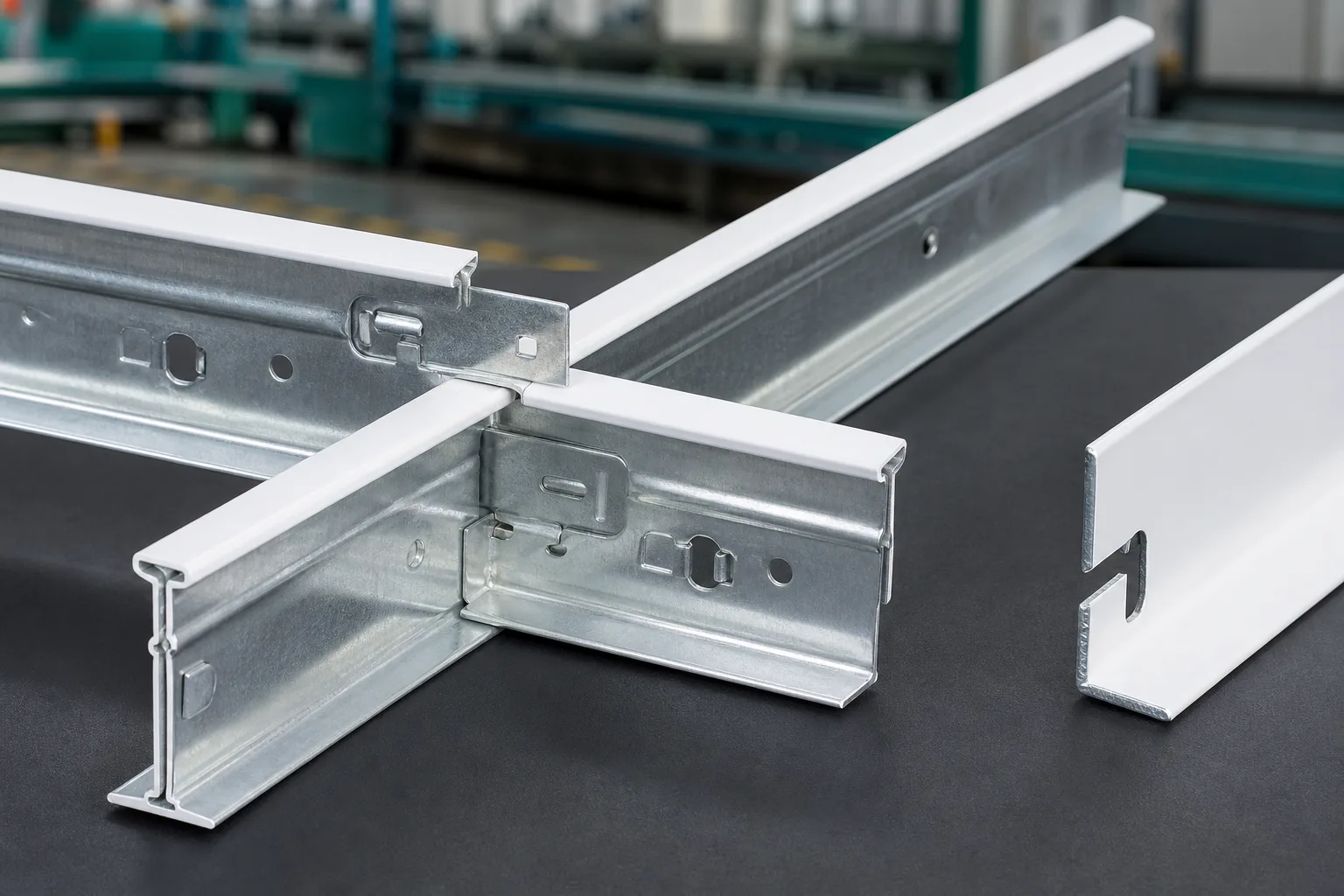 Painted ceiling T grid main tee cross tee and wall angle connection for mineral fiber ceilings