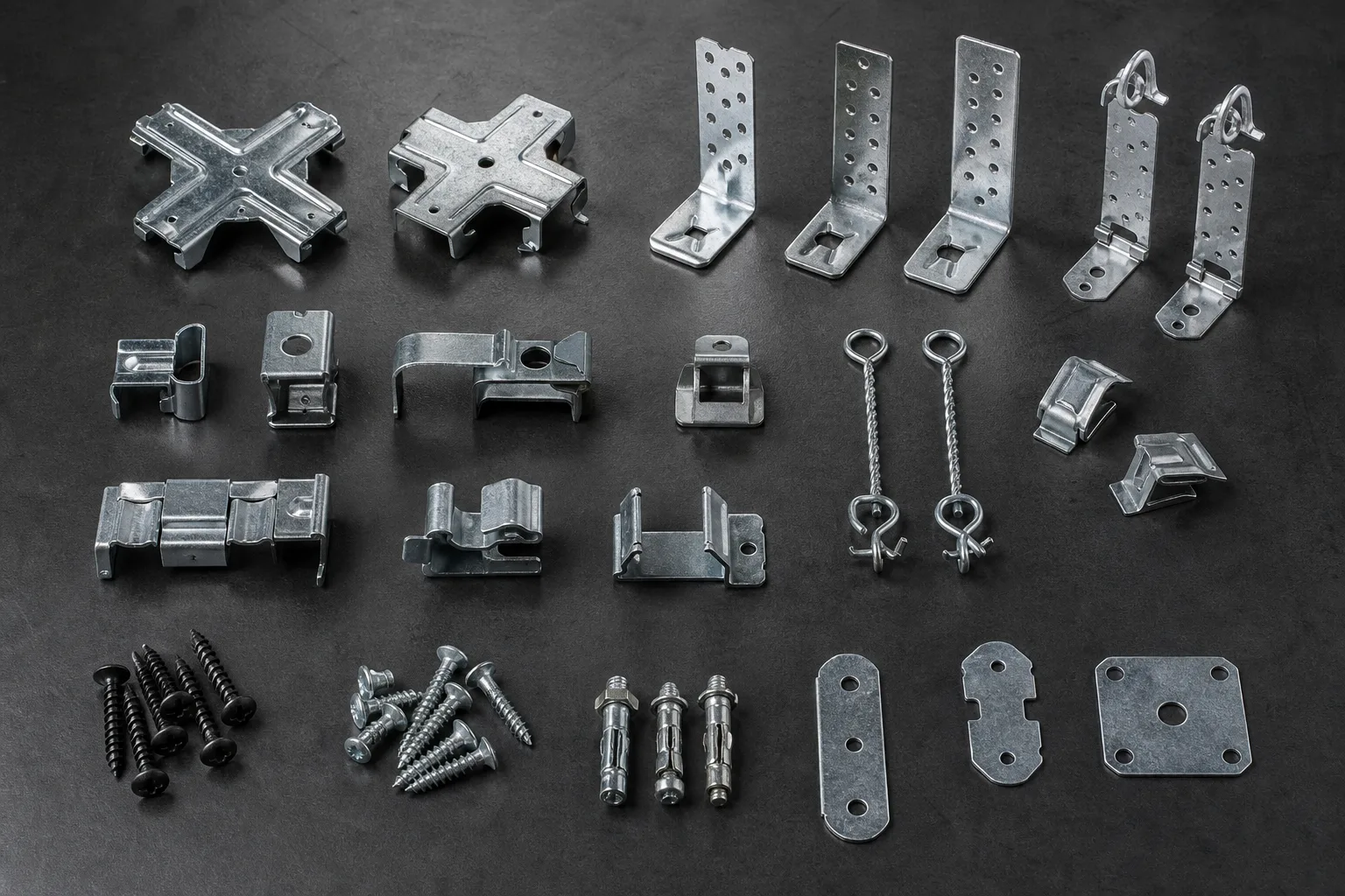 Drywall framing and suspended ceiling accessories including hangers clips screws anchors and connectors